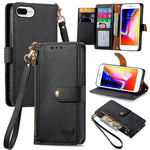 غطاء هاتف من الجلد مع سحاب وحزام معصم، لهواتف iPhone 11، iPhone 11 Pro، iPhone X / XS، iPhone XR، iPhone XS Max، iPhone 7 Plus / 8 Plus، iPhone 6 Plus / 6s Plus، iPhone 6 / 6s