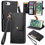 غطاء هاتف من الجلد مع سحاب وحزام معصم، لهواتف iPhone 11، iPhone 11 Pro، iPhone X / XS، iPhone XR، iPhone XS Max، iPhone 7 Plus / 8 Plus، iPhone 6 Plus / 6s Plus، iPhone 6 / 6s