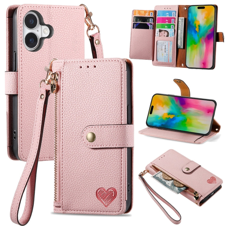 حافظة هاتف جلدية بحبل بسحاب حب، لهواتف iPhone 17e / 16e، iPhone 17 Pro Max، iPhone 17 Pro، iPhone 17، iPhone Air، iPhone 16 Pro Max، iPhone 16 Pro، iPhone 16 Plus