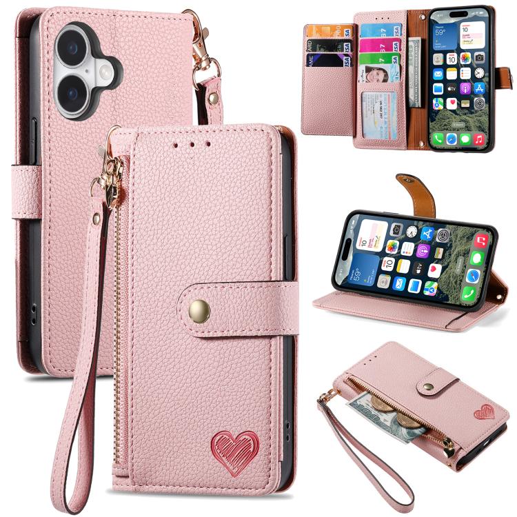 حافظة هاتف جلدية بحبل بسحاب حب، لهواتف iPhone 17e / 16e، iPhone 17 Pro Max، iPhone 17 Pro، iPhone 17، iPhone Air، iPhone 16 Pro Max، iPhone 16 Pro، iPhone 16 Plus