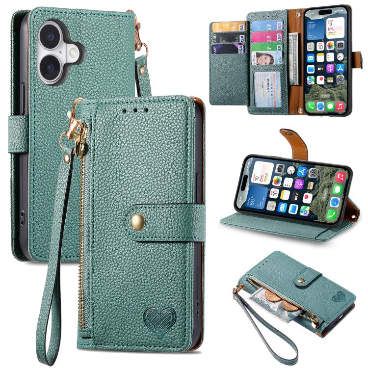 حافظة هاتف جلدية بحبل بسحاب حب، لهواتف iPhone 17e / 16e، iPhone 17 Pro Max، iPhone 17 Pro، iPhone 17، iPhone Air، iPhone 16 Pro Max، iPhone 16 Pro، iPhone 16 Plus