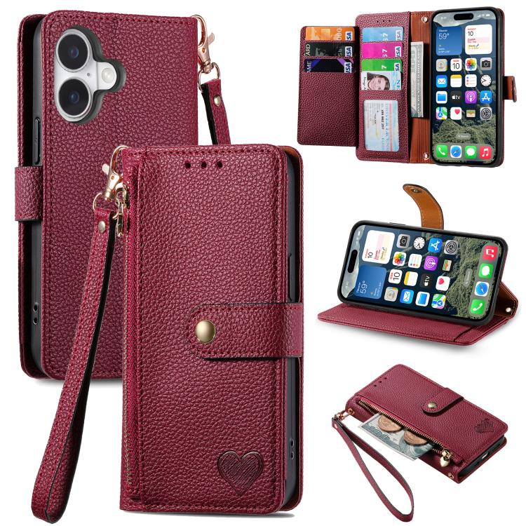 حافظة هاتف جلدية بحبل بسحاب حب، لهواتف iPhone 17e / 16e، iPhone 17 Pro Max، iPhone 17 Pro، iPhone 17، iPhone Air، iPhone 16 Pro Max، iPhone 16 Pro، iPhone 16 Plus
