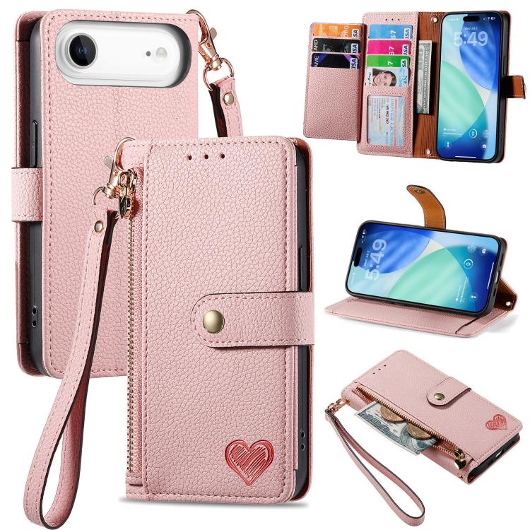 حافظة هاتف جلدية بحبل بسحاب حب، لهواتف iPhone 17e / 16e، iPhone 17 Pro Max، iPhone 17 Pro، iPhone 17، iPhone Air، iPhone 16 Pro Max، iPhone 16 Pro، iPhone 16 Plus