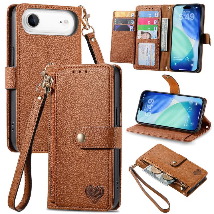 حافظة هاتف جلدية بحبل بسحاب حب، لهواتف iPhone 17e / 16e، iPhone 17 Pro Max، iPhone 17 Pro، iPhone 17، iPhone Air، iPhone 16 Pro Max، iPhone 16 Pro، iPhone 16 Plus