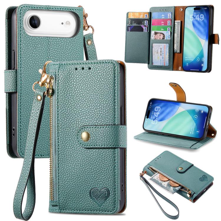 حافظة هاتف جلدية بحبل بسحاب حب، لهواتف iPhone 17e / 16e، iPhone 17 Pro Max، iPhone 17 Pro، iPhone 17، iPhone Air، iPhone 16 Pro Max، iPhone 16 Pro، iPhone 16 Plus
