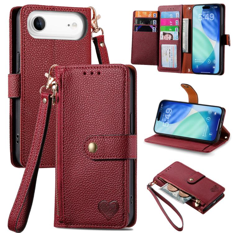 حافظة هاتف جلدية بحبل بسحاب حب، لهواتف iPhone 17e / 16e، iPhone 17 Pro Max، iPhone 17 Pro، iPhone 17، iPhone Air، iPhone 16 Pro Max، iPhone 16 Pro، iPhone 16 Plus