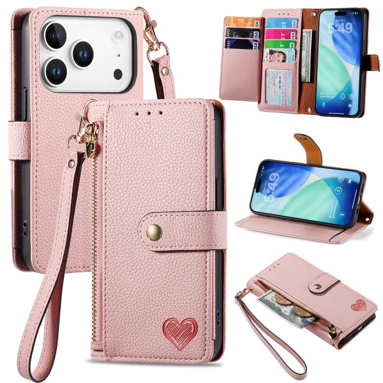 حافظة هاتف جلدية بحبل بسحاب حب، لهواتف iPhone 17e / 16e، iPhone 17 Pro Max، iPhone 17 Pro، iPhone 17، iPhone Air، iPhone 16 Pro Max، iPhone 16 Pro، iPhone 16 Plus