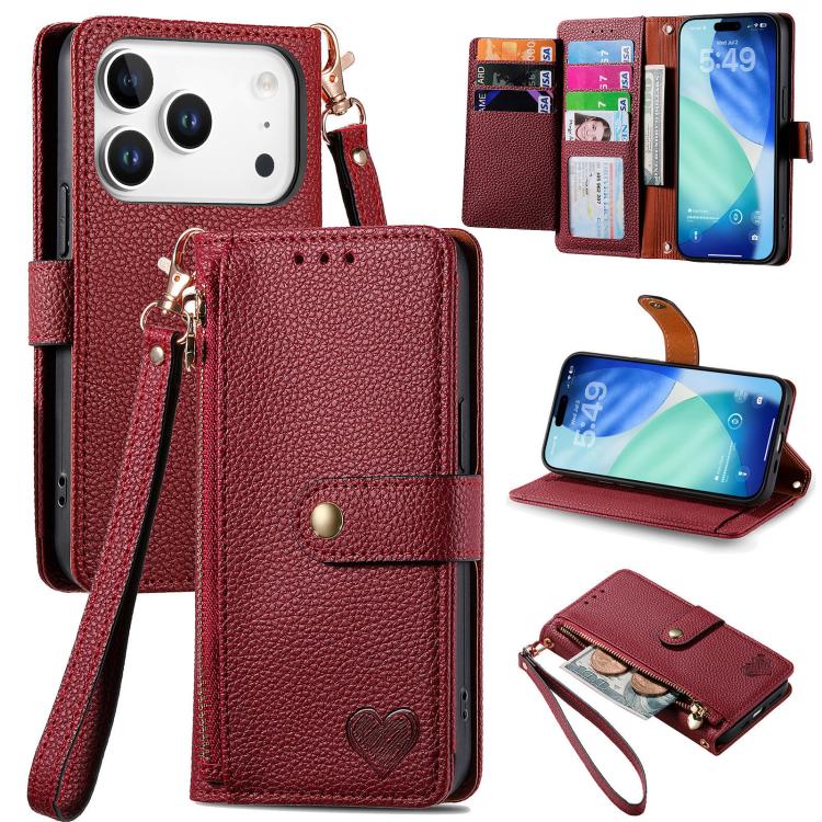 حافظة هاتف جلدية بحبل بسحاب حب، لهواتف iPhone 17e / 16e، iPhone 17 Pro Max، iPhone 17 Pro، iPhone 17، iPhone Air، iPhone 16 Pro Max، iPhone 16 Pro، iPhone 16 Plus