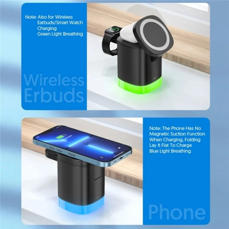 شاحن لاسلكي مغناطيسي Magsafe 3 في 1 T15 مع حامل شحن قابل للطي لأجهزة iPhone / iWatch / AirPods، T15