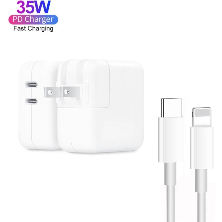 شاحن مزدوج 35 واط PD3.0 USB-C / Type-C مع كابل بيانات Type-C إلى 8 سنون، قابس الولايات المتحدة، قابس الولايات المتحدة + كابل 8 سنون بطول 1 متر، قابس الولايات المتحدة + كابل 8 سنون بطول 2 متر