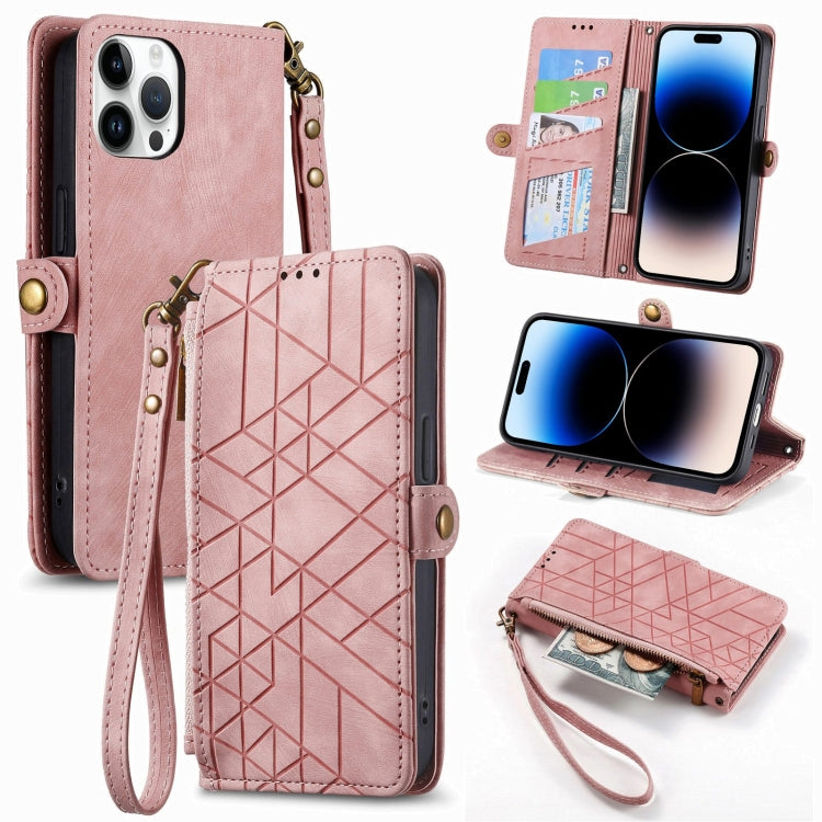 غطاء هاتف جلدي بمحفظة بسحاب هندسية مع إبزيم جانبي، لهواتف iPhone 14 Pro Max، iPhone 7 / 8 / SE 2022، iPhone 13 Pro Max، iPhone 13 Pro، iPhone 13، iPhone 12 / 12 Pro، iPhone 12 Pro Max، iPhone 11 Pro Max