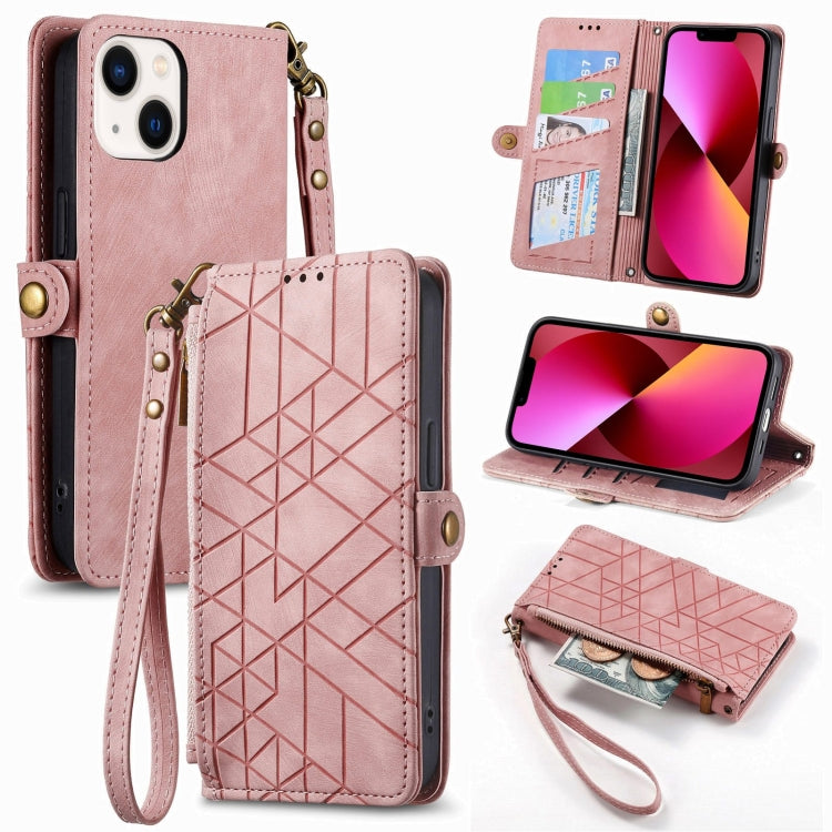 غطاء هاتف جلدي بمحفظة بسحاب هندسية مع إبزيم جانبي، لهواتف iPhone 14 Pro Max، iPhone 7 / 8 / SE 2022، iPhone 13 Pro Max، iPhone 13 Pro، iPhone 13، iPhone 12 / 12 Pro، iPhone 12 Pro Max، iPhone 11 Pro Max