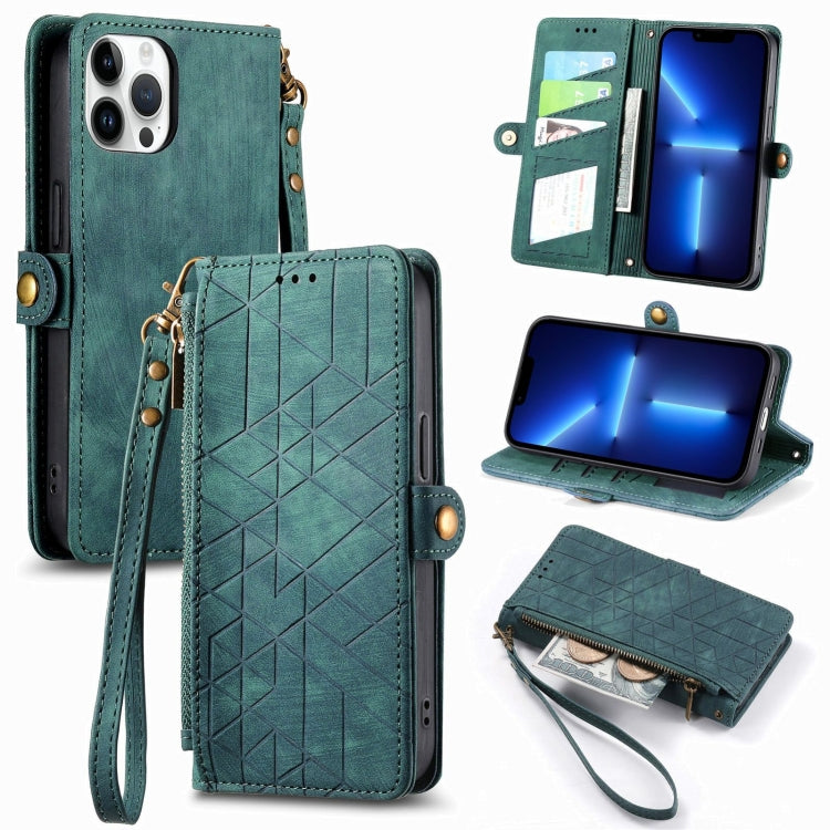 غطاء هاتف جلدي بمحفظة بسحاب هندسية مع إبزيم جانبي، لهواتف iPhone 14 Pro Max، iPhone 7 / 8 / SE 2022، iPhone 13 Pro Max، iPhone 13 Pro، iPhone 13، iPhone 12 / 12 Pro، iPhone 12 Pro Max، iPhone 11 Pro Max