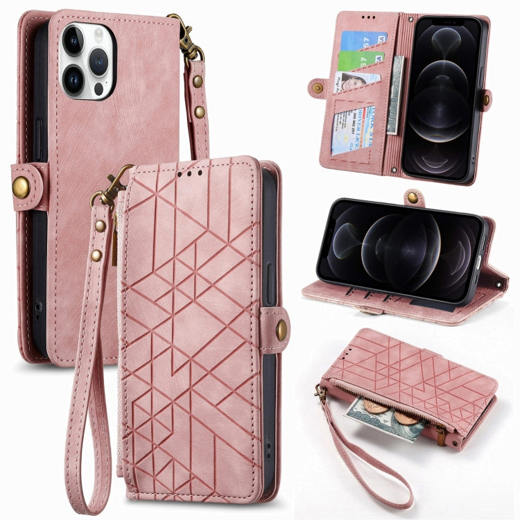 غطاء هاتف جلدي بمحفظة بسحاب هندسية مع إبزيم جانبي، لهواتف iPhone 14 Pro Max، iPhone 7 / 8 / SE 2022، iPhone 13 Pro Max، iPhone 13 Pro، iPhone 13، iPhone 12 / 12 Pro، iPhone 12 Pro Max، iPhone 11 Pro Max