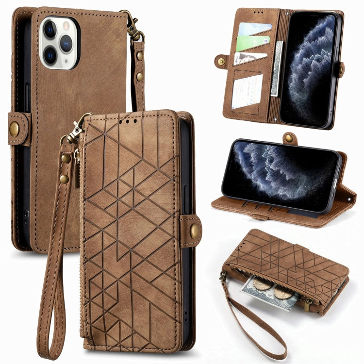 غطاء هاتف جلدي بمحفظة بسحاب هندسية مع إبزيم جانبي، لهواتف iPhone 14 Pro Max، iPhone 7 / 8 / SE 2022، iPhone 13 Pro Max، iPhone 13 Pro، iPhone 13، iPhone 12 / 12 Pro، iPhone 12 Pro Max، iPhone 11 Pro Max