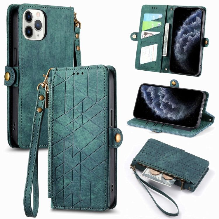 غطاء هاتف جلدي بمحفظة بسحاب هندسية مع إبزيم جانبي، لهواتف iPhone 14 Pro Max، iPhone 7 / 8 / SE 2022، iPhone 13 Pro Max، iPhone 13 Pro، iPhone 13، iPhone 12 / 12 Pro، iPhone 12 Pro Max، iPhone 11 Pro Max