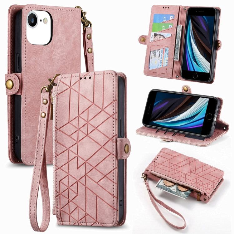 غطاء هاتف جلدي بمحفظة بسحاب هندسية مع إبزيم جانبي، لهواتف iPhone 14 Pro Max، iPhone 7 / 8 / SE 2022، iPhone 13 Pro Max، iPhone 13 Pro، iPhone 13، iPhone 12 / 12 Pro، iPhone 12 Pro Max، iPhone 11 Pro Max