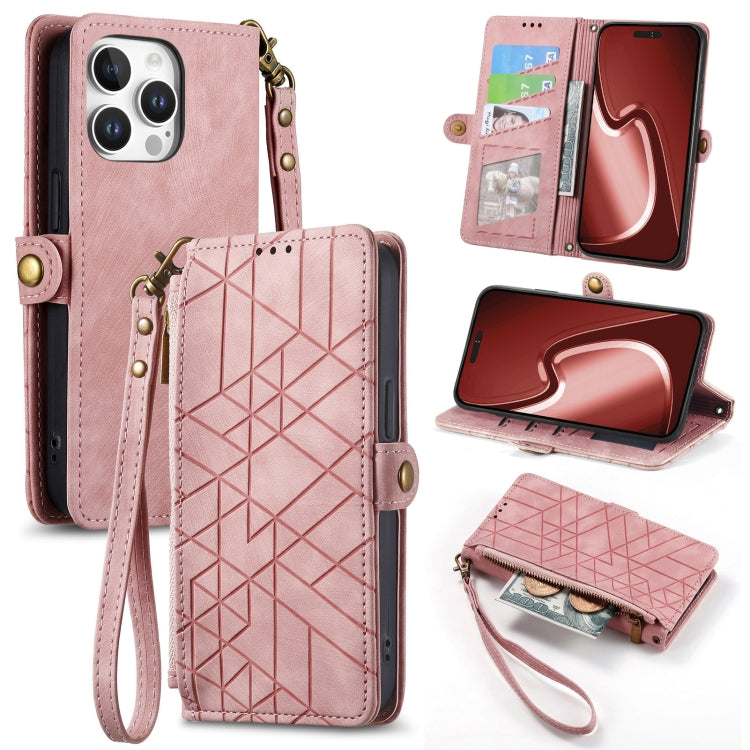 غطاء هاتف جلدي بمحفظة بسحاب هندسية مع إبزيم جانبي، لهواتف iPhone 17e / 16e، iPhone 17 Pro Max، iPhone 17 Pro، iPhone 17، iPhone Air، iPhone 16 Pro Max، iPhone 16 Pro، iPhone 16 Plus