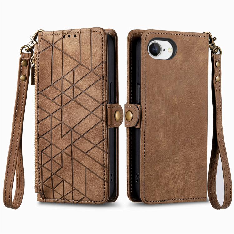 غطاء هاتف جلدي بمحفظة بسحاب هندسية مع إبزيم جانبي، لهواتف iPhone 17e / 16e، iPhone 17 Pro Max، iPhone 17 Pro، iPhone 17، iPhone Air، iPhone 16 Pro Max، iPhone 16 Pro، iPhone 16 Plus