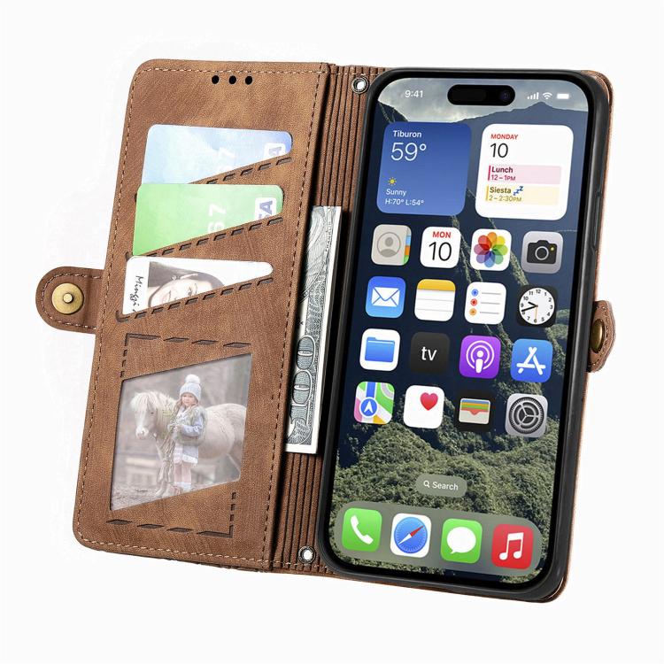 غطاء هاتف جلدي بمحفظة بسحاب هندسية مع إبزيم جانبي، لهواتف iPhone 17e / 16e، iPhone 17 Pro Max، iPhone 17 Pro، iPhone 17، iPhone Air، iPhone 16 Pro Max، iPhone 16 Pro، iPhone 16 Plus