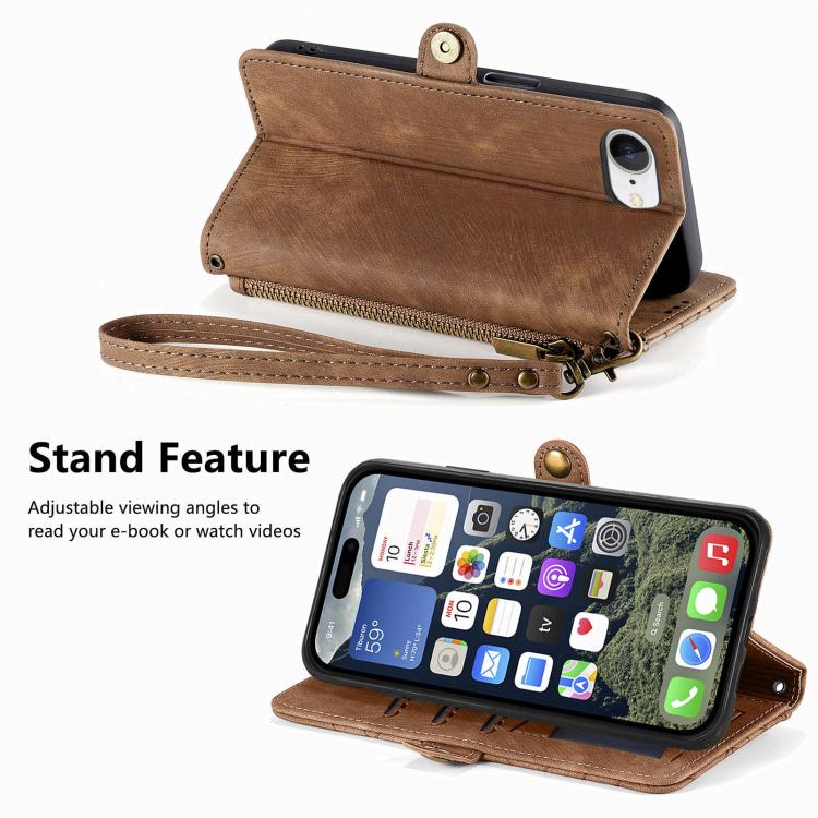 غطاء هاتف جلدي بمحفظة بسحاب هندسية مع إبزيم جانبي، لهواتف iPhone 17e / 16e، iPhone 17 Pro Max، iPhone 17 Pro، iPhone 17، iPhone Air، iPhone 16 Pro Max، iPhone 16 Pro، iPhone 16 Plus
