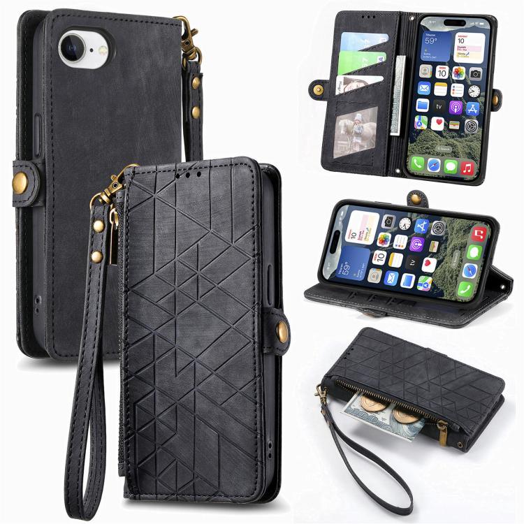 غطاء هاتف جلدي بمحفظة بسحاب هندسية مع إبزيم جانبي، لهواتف iPhone 17e / 16e، iPhone 17 Pro Max، iPhone 17 Pro، iPhone 17، iPhone Air، iPhone 16 Pro Max، iPhone 16 Pro، iPhone 16 Plus