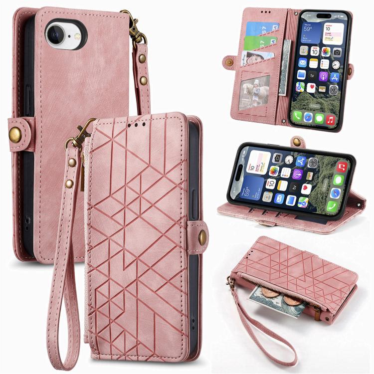 غطاء هاتف جلدي بمحفظة بسحاب هندسية مع إبزيم جانبي، لهواتف iPhone 17e / 16e، iPhone 17 Pro Max، iPhone 17 Pro، iPhone 17، iPhone Air، iPhone 16 Pro Max، iPhone 16 Pro، iPhone 16 Plus