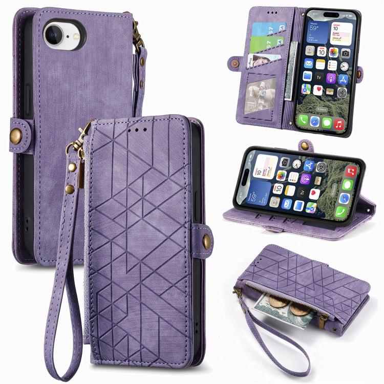 غطاء هاتف جلدي بمحفظة بسحاب هندسية مع إبزيم جانبي، لهواتف iPhone 17e / 16e، iPhone 17 Pro Max، iPhone 17 Pro، iPhone 17، iPhone Air، iPhone 16 Pro Max، iPhone 16 Pro، iPhone 16 Plus