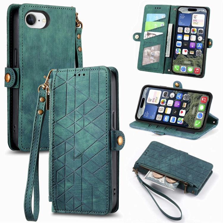 غطاء هاتف جلدي بمحفظة بسحاب هندسية مع إبزيم جانبي، لهواتف iPhone 17e / 16e، iPhone 17 Pro Max، iPhone 17 Pro، iPhone 17، iPhone Air، iPhone 16 Pro Max، iPhone 16 Pro، iPhone 16 Plus
