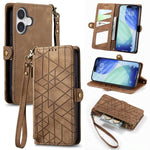 غطاء هاتف جلدي بمحفظة بسحاب هندسية مع إبزيم جانبي، لهواتف iPhone 17e / 16e، iPhone 17 Pro Max، iPhone 17 Pro، iPhone 17، iPhone Air، iPhone 16 Pro Max، iPhone 16 Pro، iPhone 16 Plus