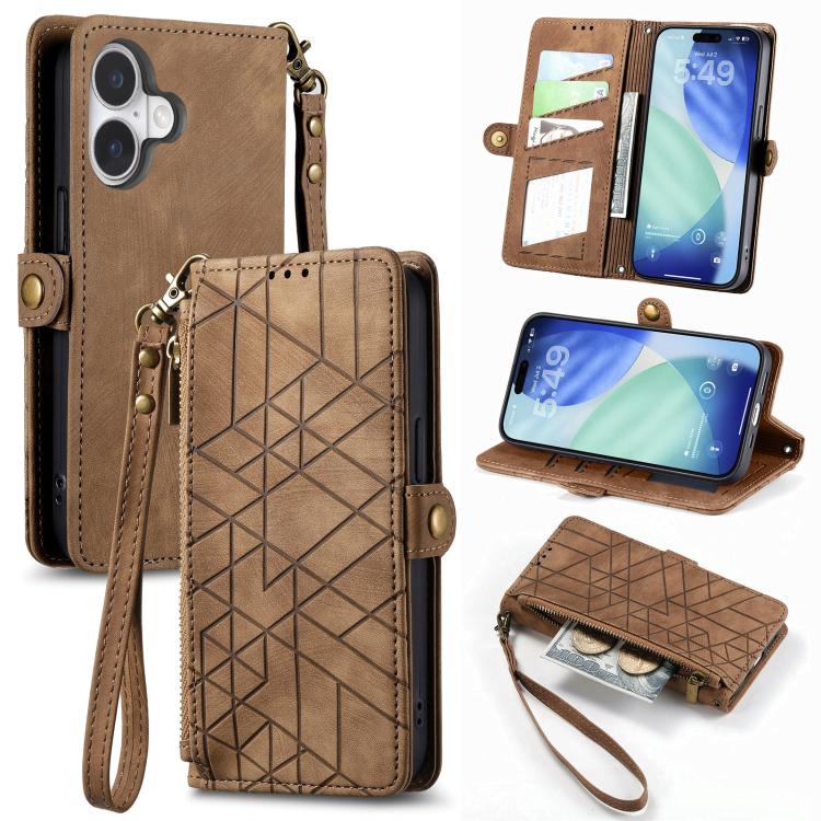 غطاء هاتف جلدي بمحفظة بسحاب هندسية مع إبزيم جانبي، لهواتف iPhone 17e / 16e، iPhone 17 Pro Max، iPhone 17 Pro، iPhone 17، iPhone Air، iPhone 16 Pro Max، iPhone 16 Pro، iPhone 16 Plus