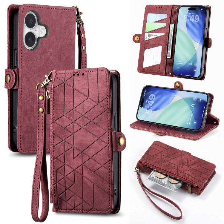 غطاء هاتف جلدي بمحفظة بسحاب هندسية مع إبزيم جانبي، لهواتف iPhone 17e / 16e، iPhone 17 Pro Max، iPhone 17 Pro، iPhone 17، iPhone Air، iPhone 16 Pro Max، iPhone 16 Pro، iPhone 16 Plus