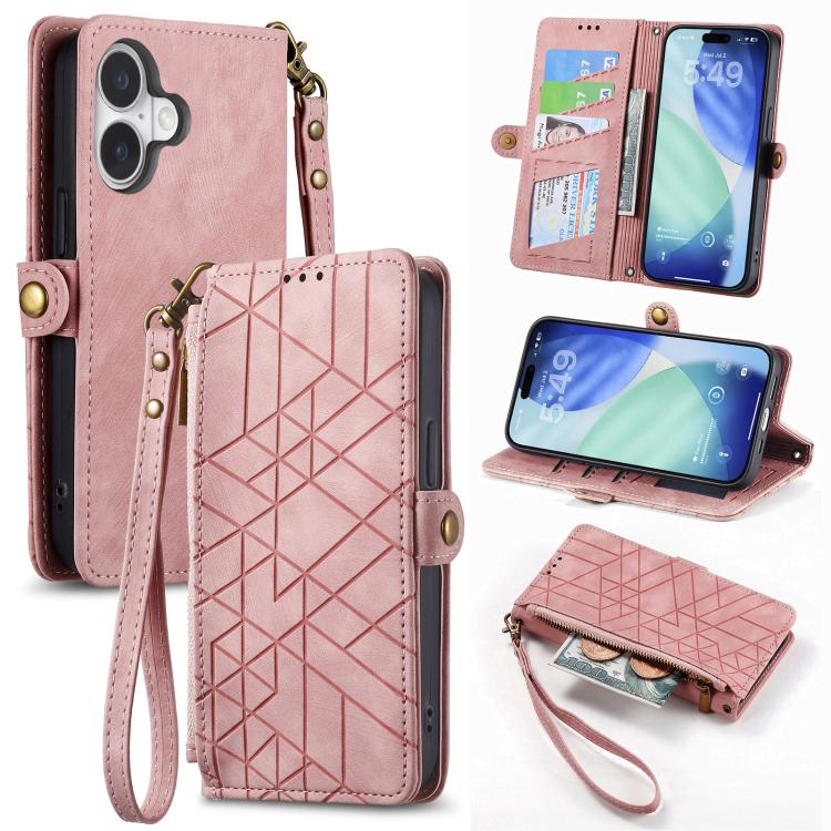 غطاء هاتف جلدي بمحفظة بسحاب هندسية مع إبزيم جانبي، لهواتف iPhone 17e / 16e، iPhone 17 Pro Max، iPhone 17 Pro، iPhone 17، iPhone Air، iPhone 16 Pro Max، iPhone 16 Pro، iPhone 16 Plus