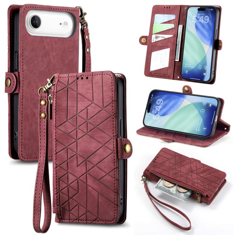 غطاء هاتف جلدي بمحفظة بسحاب هندسية مع إبزيم جانبي، لهواتف iPhone 17e / 16e، iPhone 17 Pro Max، iPhone 17 Pro، iPhone 17، iPhone Air، iPhone 16 Pro Max، iPhone 16 Pro، iPhone 16 Plus