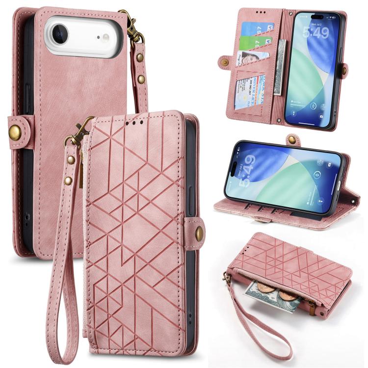 غطاء هاتف جلدي بمحفظة بسحاب هندسية مع إبزيم جانبي، لهواتف iPhone 17e / 16e، iPhone 17 Pro Max، iPhone 17 Pro، iPhone 17، iPhone Air، iPhone 16 Pro Max، iPhone 16 Pro، iPhone 16 Plus