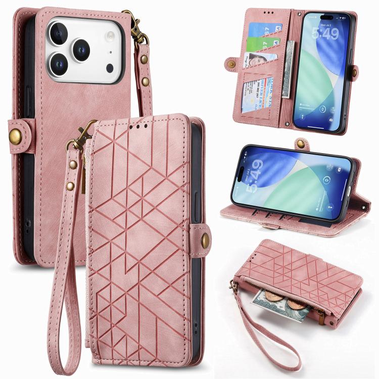 غطاء هاتف جلدي بمحفظة بسحاب هندسية مع إبزيم جانبي، لهواتف iPhone 17e / 16e، iPhone 17 Pro Max، iPhone 17 Pro، iPhone 17، iPhone Air، iPhone 16 Pro Max، iPhone 16 Pro، iPhone 16 Plus
