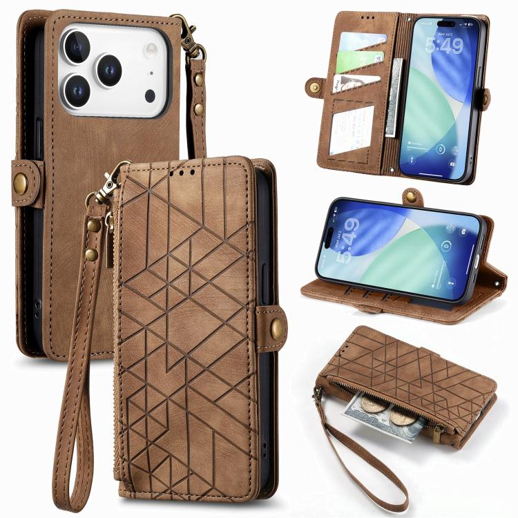 غطاء هاتف جلدي بمحفظة بسحاب هندسية مع إبزيم جانبي، لهواتف iPhone 17e / 16e، iPhone 17 Pro Max، iPhone 17 Pro، iPhone 17، iPhone Air، iPhone 16 Pro Max، iPhone 16 Pro، iPhone 16 Plus