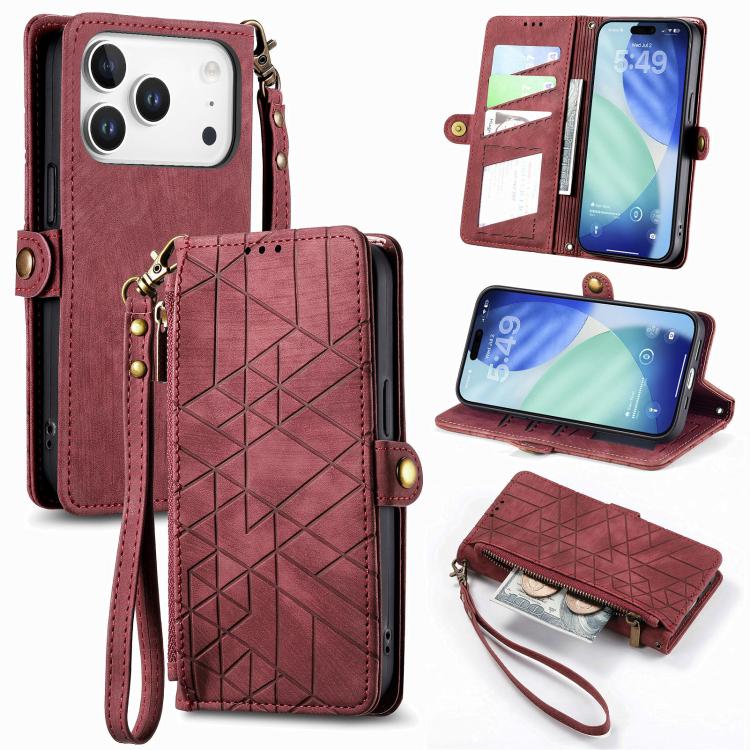 غطاء هاتف جلدي بمحفظة بسحاب هندسية مع إبزيم جانبي، لهواتف iPhone 17e / 16e، iPhone 17 Pro Max، iPhone 17 Pro، iPhone 17، iPhone Air، iPhone 16 Pro Max، iPhone 16 Pro، iPhone 16 Plus