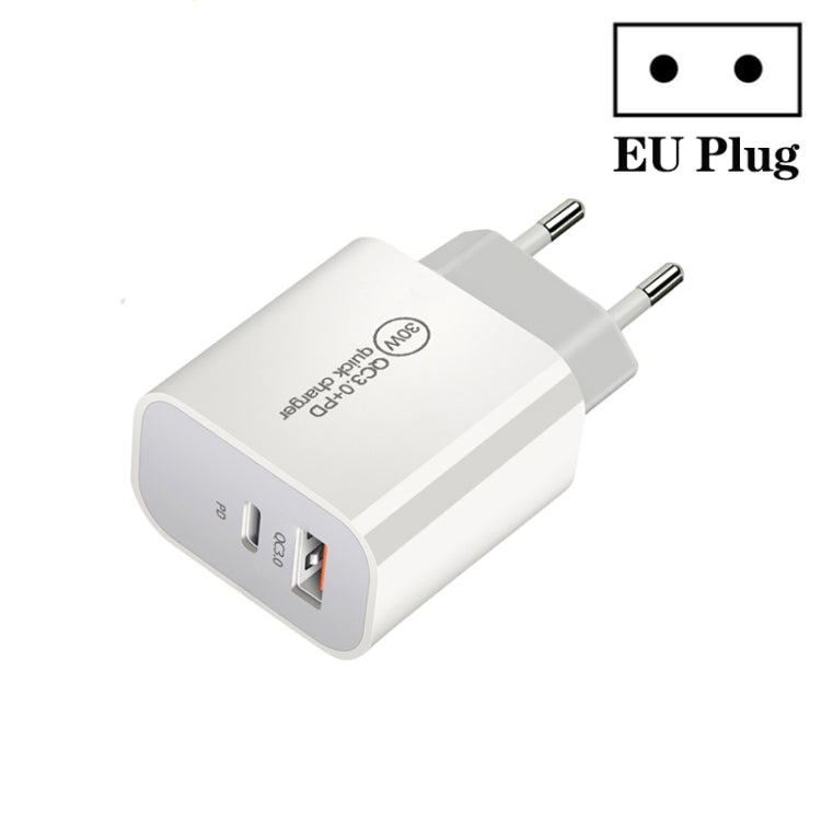 شاحن بمنفذين USB-C / Type-C + USB QC3.0 بقوة 30 واط PD، قابس الاتحاد الأوروبي، قابس الولايات المتحدة، قابس أستراليا