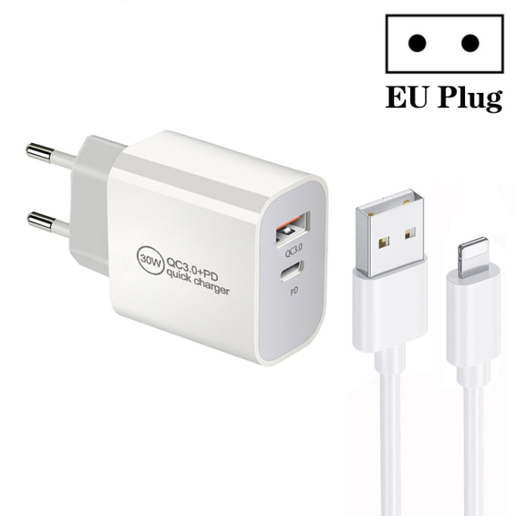 شاحن بمنفذين USB-C / Type-C + USB QC3.0 بقوة 30 واط PD مع كابل بيانات USB بطول 1 متر إلى 8 بن، قابس الاتحاد الأوروبي، قابس الولايات المتحدة، قابس أستراليا