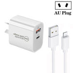شاحن بمنفذين USB-C / Type-C + USB QC3.0 بقوة 30 واط PD مع كابل بيانات USB بطول 1 متر إلى 8 بن، قابس الاتحاد الأوروبي، قابس الولايات المتحدة، قابس أستراليا