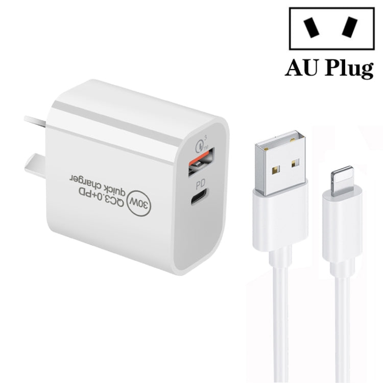 شاحن بمنفذين USB-C / Type-C + USB QC3.0 بقوة 30 واط PD مع كابل بيانات USB بطول 1 متر إلى 8 بن، قابس الاتحاد الأوروبي، قابس الولايات المتحدة، قابس أستراليا