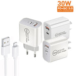 شاحن بمنفذين USB-C / Type-C + USB QC3.0 بقوة 30 واط PD مع كابل بيانات USB بطول 1 متر إلى 8 بن، قابس الاتحاد الأوروبي، قابس الولايات المتحدة، قابس أستراليا