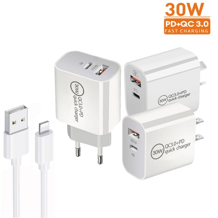 شاحن بمنفذين USB-C / Type-C + USB QC3.0 بقوة 30 واط PD مع كابل بيانات USB بطول 1 متر إلى 8 بن، قابس الاتحاد الأوروبي، قابس الولايات المتحدة، قابس أستراليا