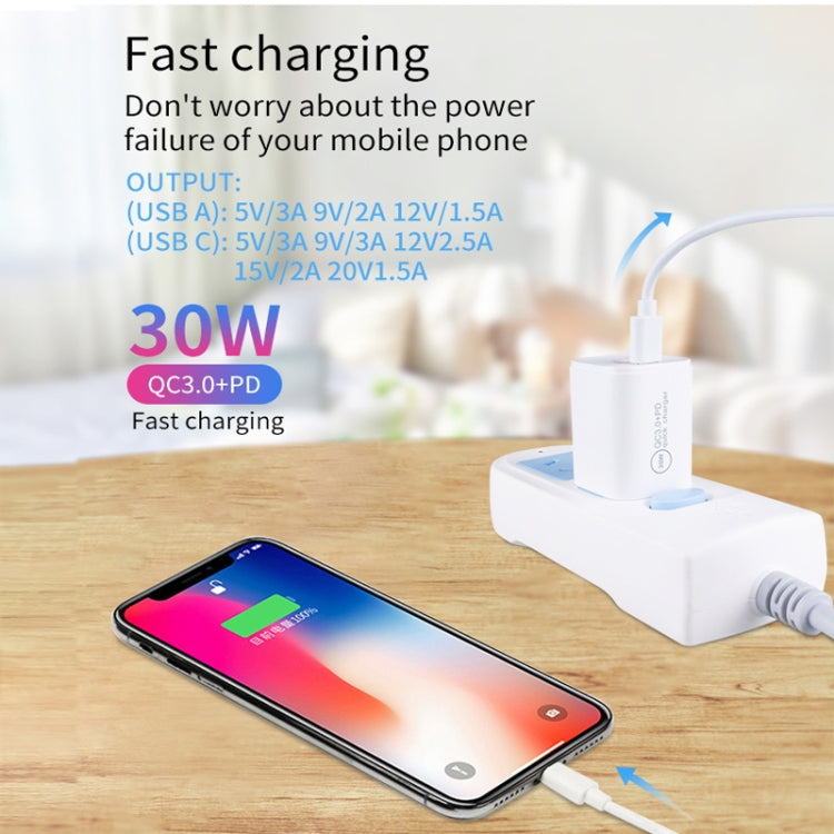 شاحن بمنفذين USB-C / Type-C + USB QC3.0 بقوة 30 واط PD مع كابل بيانات USB بطول 1 متر إلى 8 بن، قابس الاتحاد الأوروبي، قابس الولايات المتحدة، قابس أستراليا