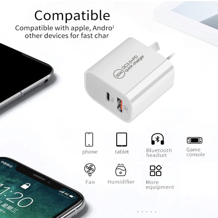 شاحن بمنفذين USB-C / Type-C + USB QC3.0 بقوة 30 واط PD مع كابل بيانات USB بطول 1 متر إلى 8 بن، قابس الاتحاد الأوروبي، قابس الولايات المتحدة، قابس أستراليا