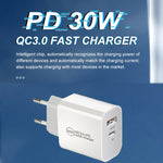 شاحن بمنفذين USB-C / Type-C + USB QC3.0 بقوة 30 واط PD مع كابل بيانات USB بطول 1 متر إلى 8 بن، قابس الاتحاد الأوروبي، قابس الولايات المتحدة، قابس أستراليا