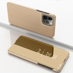 غطاء هاتف جلدي بغطاء أفقي مع مرآة مطلية وحامل، لأجهزة iPhone 17e / 16e، iPhone 17 Pro Max، iPhone 17 Pro، iPhone 17، iPhone Air، iPhone 16 Pro Max