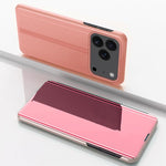 غطاء هاتف جلدي بغطاء أفقي مع مرآة مطلية وحامل، لأجهزة iPhone 17e / 16e، iPhone 17 Pro Max، iPhone 17 Pro، iPhone 17، iPhone Air، iPhone 16 Pro Max
