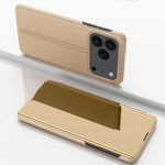 غطاء هاتف جلدي بغطاء أفقي مع مرآة مطلية وحامل، لأجهزة iPhone 17e / 16e، iPhone 17 Pro Max، iPhone 17 Pro، iPhone 17، iPhone Air، iPhone 16 Pro Max